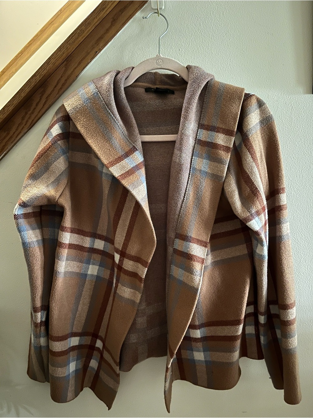 Tahari Plaid Hooded Open-Front Cardigan in Camel, Blue and Cream